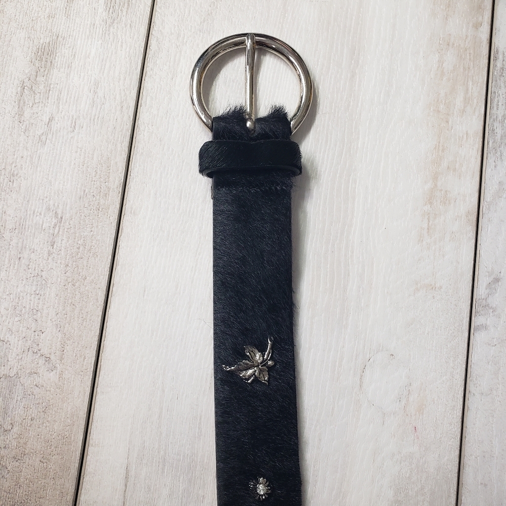 Berge Black Pony Hair Calf Hair Belt Silver Botanical Details Buckle Boho Edgy - Picture 6 of 15